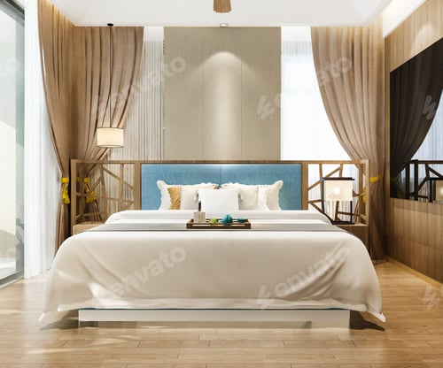 Preview: 3d rendering vintage minimal bedroom suite in hotel with tv