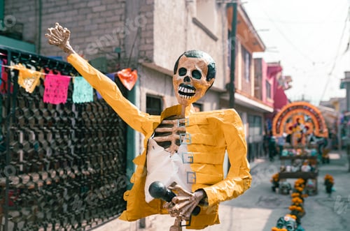 Preview: A freddie mercury skeleton cardboard statue in day of the dead celebration
