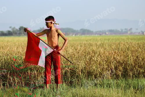 Preview: Boy Holds a Red and White Flag in Field
