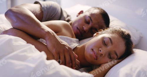 Preview: Couple, hug and sleeping in bed at house for relax, love and fatigue together with rest, break and