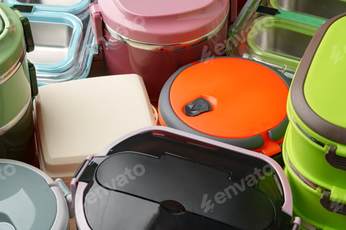 Preview: Many plastic food containers in a shop for background