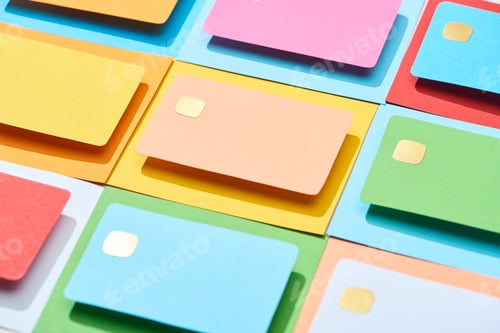 Preview: multicolored empty credit cards on colorful background