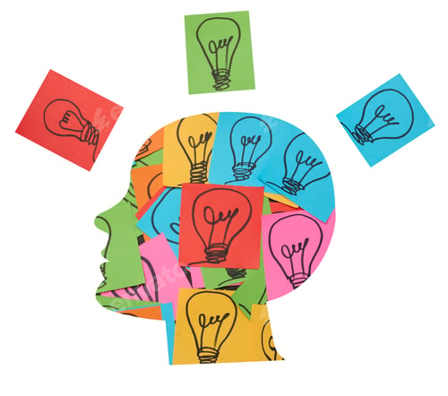 Preview: Silhouette of human head and stickers with drawn electric lamps, search for new ideas and solutions