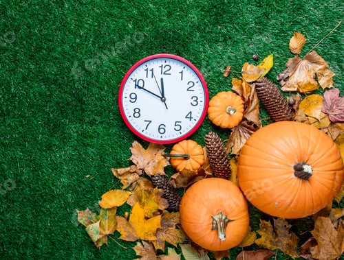 Preview: various autumn leaves and orange pumpkins with alarm clock