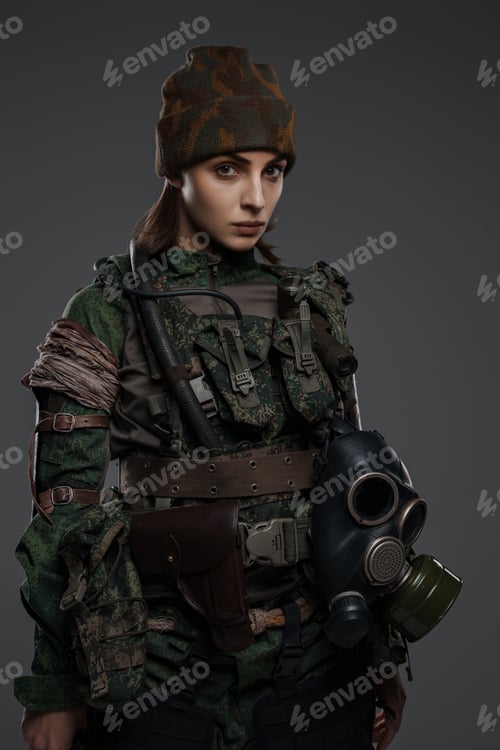 Preview: Portrait of a woman in military attire against a gray background