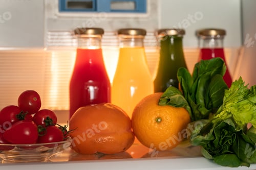 Preview: in the refrigerator on the shelf there are glass bottles with freshly squeezed juice, and fruits
