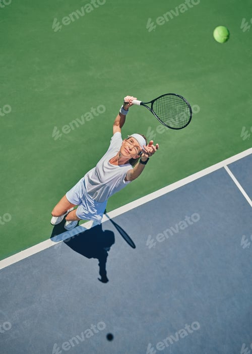 Preview: Tennis serve, sport and woman on outdoor court, fitness motivation and competition with athlete tra
