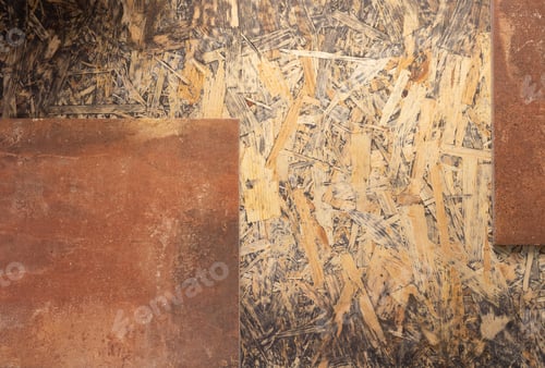 Preview: Tile at OSB wooden floor background texture. Plywood wall and tiles