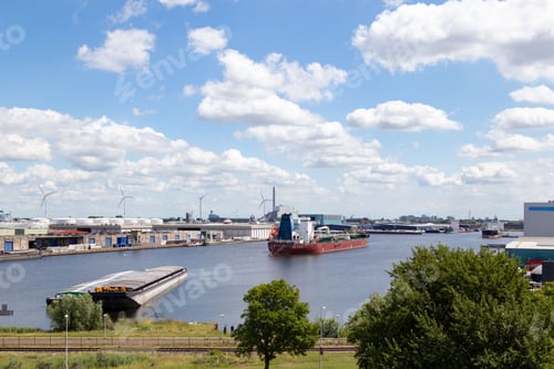 Preview: Aerial view of ships and wind turbines on the harbor of Amsterdam, the Netherlands