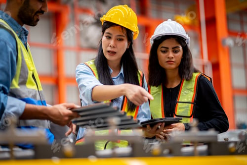 Preview: Young engineer in metal sheet factory Responsible work is being inspected at the actual work site