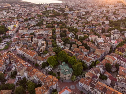 Preview: aerial view of the beautiful city of Varna at sunset, Bulgaria