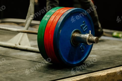 Preview: close-up barbell with red, green and blue plates on rubber floor