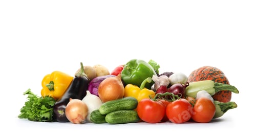 Preview: Heap of fresh ripe vegetables on white background. Organic food