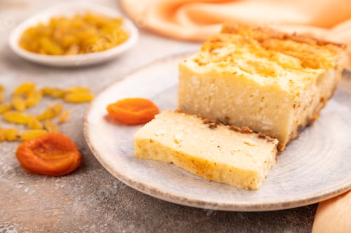 Preview: Сottage cheese Сasserole, Curd cake, on brown concrete, side view, selective focus