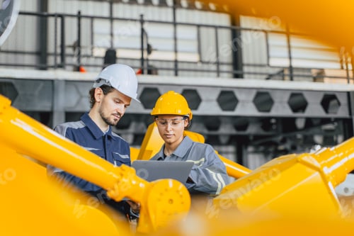 Preview: engineer team working together inspection quality robot arm in robot assembly industry plant