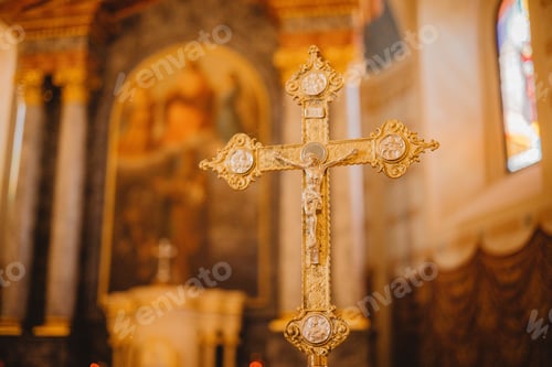 Preview: Close-up shot of Jesus Christ on a cross in a blur