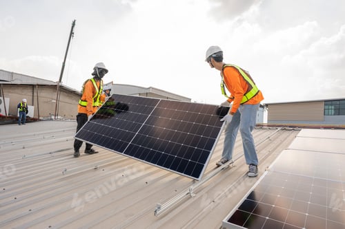 Preview: Men technicians carrying photovoltaic solar moduls on roof.