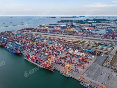 Preview: container cargo ship in the export and import business and logistics. Shipping to the harbor