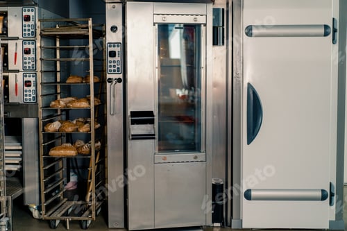 Preview: bakery fresh and fragrant bread lies on the shelves of the craft production of flour products