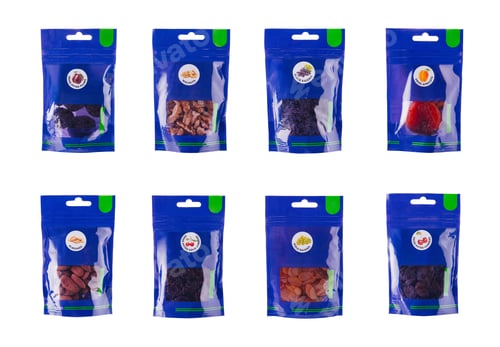Preview: Eight blue packages containing various dried fruits and nuts isolated on white background