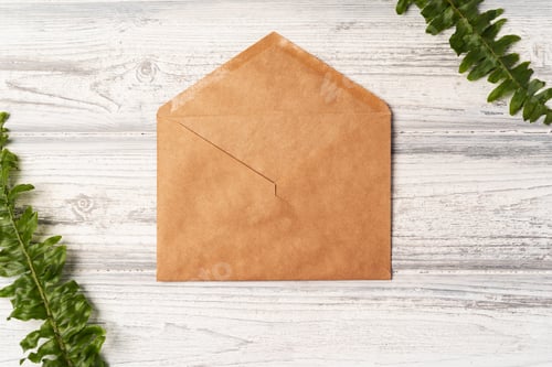 Preview: envelope and blank paper card with copy space mock up.