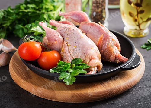 Preview: Raw uncooked quail. Ingredients for cooking healthy meat dinner.
