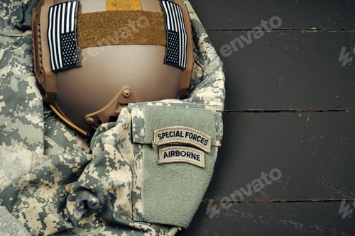 Preview: US military helmet on wooden background close up