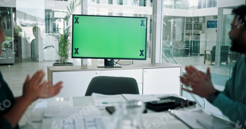 Preview: Green screen, presentation and business people applause in office for online feedback, project and