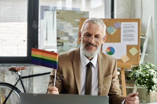 Preview: Smiling teacher with pride flag, online class
