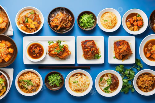 Preview: A set of food and dishes. Pasta, rice, risotto, salad. On a blue background