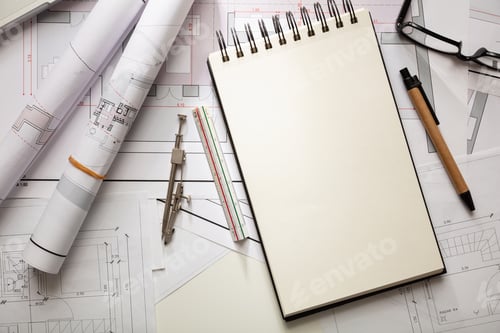 Preview: Construction concept. Residential building blueprint drawings and office supplies