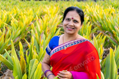 Preview: Happy Indian woman in the turmeric field