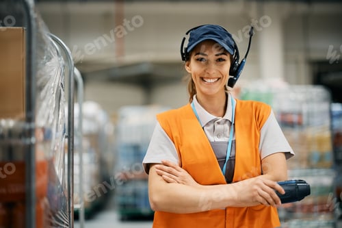 Preview: Portrait of happy female distribution warehouse worker looking at camera.