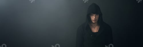 Preview: Moody Portrait in Hooded Jacket Wide Banner with Copy Space