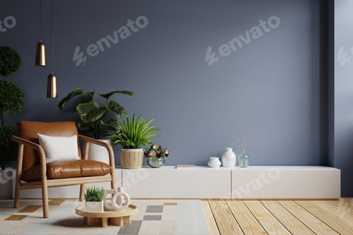 Preview: Dark blue wall style house with armchair and accessories in the room