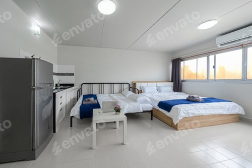 Preview: Luxury Interior living room with sofa bed and bed queen size, Dining table