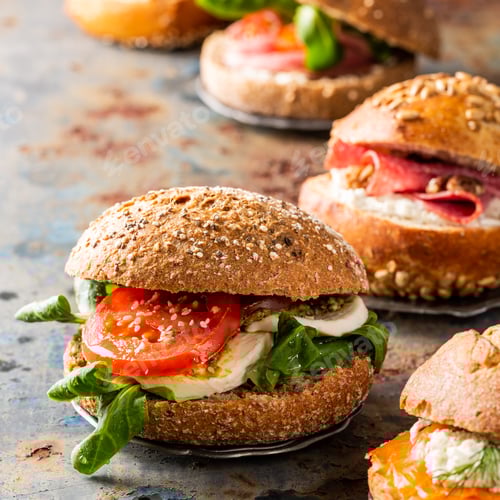 Preview: Fresh Sandwiches on Rolls with Various Toppings