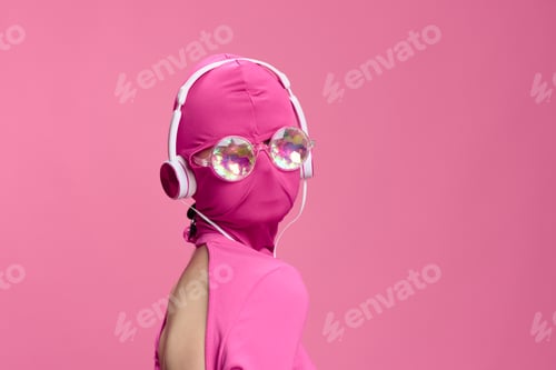 Preview: Creative fan art photo of a young female cyberpunk blogger on a pink background wearing a pink full