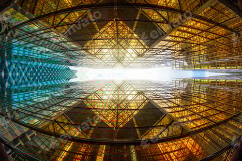 Preview: Uprisen angle of Hong Kong skyscraper with reflection of clouds among high building,Building glasses
