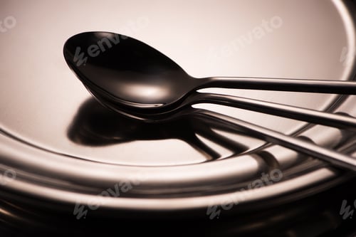 Preview: close-up view of three spoons arranged on shiny metal tray