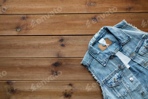 Preview: close up of denim waistcoat with price tag on wood