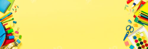 Preview: School backpack with stationery on yellow background