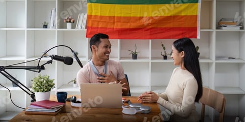 Preview: Joyful Asian gay man with Girl friend record podcast from studio. Radio, podcasts and blogging