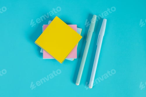 Preview: Flat Lay Of Colorful Sticky Notes And Pastel Pens Isolated On Background