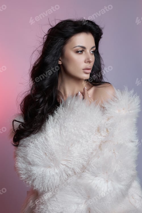 Preview: Beauty portrait of a woman with black hair, beautiful makeup. Long hair with styling, romantic woman