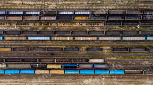 Preview: Aerial view of colorful freight trains on the railway station.