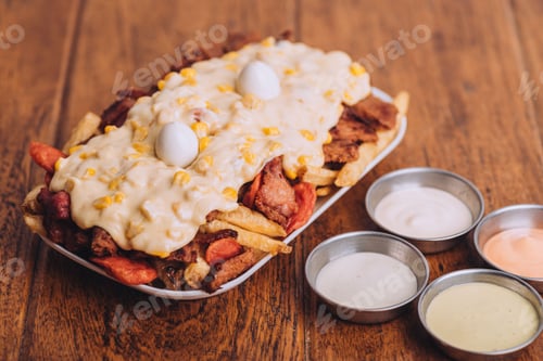 Preview: Closeup shot of a dish with french fries, sausages topped with cheese and corn on a wooden table.