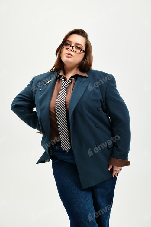Preview: Confident young plus size woman showcasing contemporary fashion in a studio setting