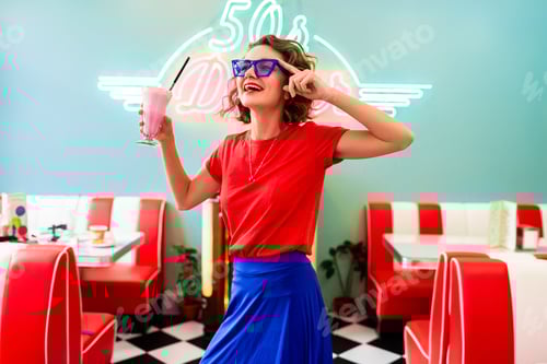 Preview: stylish smiling woman in retro vintage cafe