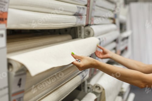 Preview: A young woman in a hardware store buys wallpaper. Pulls a roll of wallpaper from the shelf.